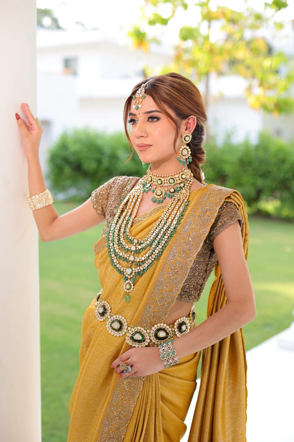 Heavily Embellished Regal Gold Silk Saree Secondary image