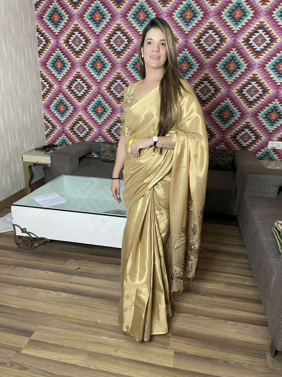 Elegant Antique Gold Tissue Silk Saree