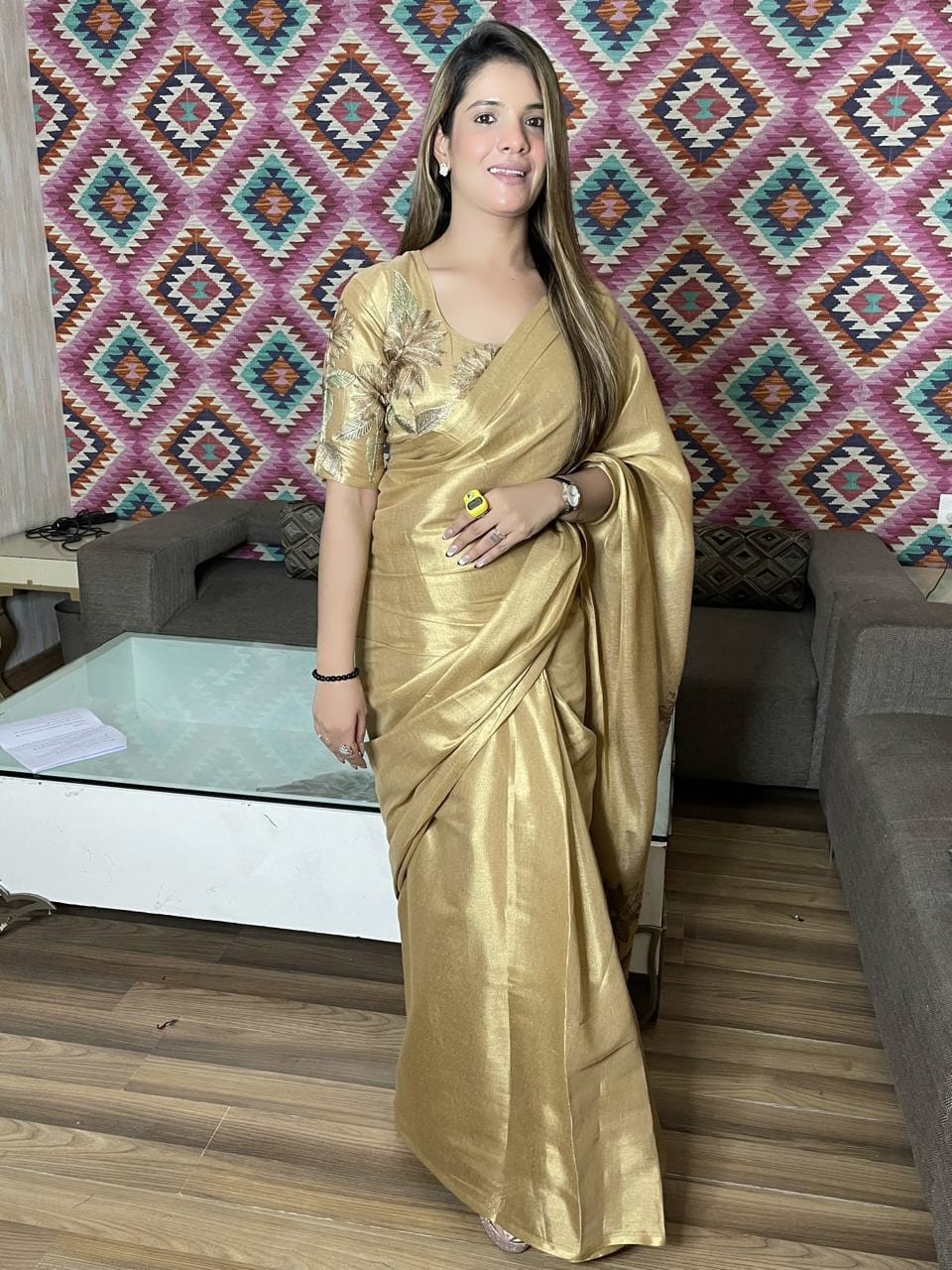 Elegant Antique Gold Tissue Silk Saree Main image