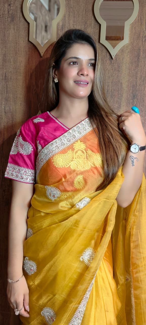 Vibrant Mustard Organza Saree Secondary image
