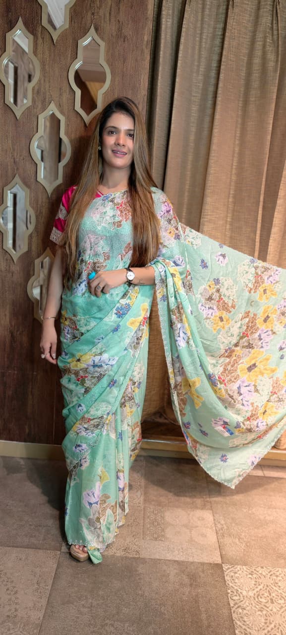 Mint Satin-Silk Floral Print Saree Secondary image