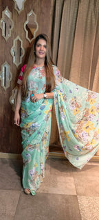 Mint Satin-Silk Floral Print Saree