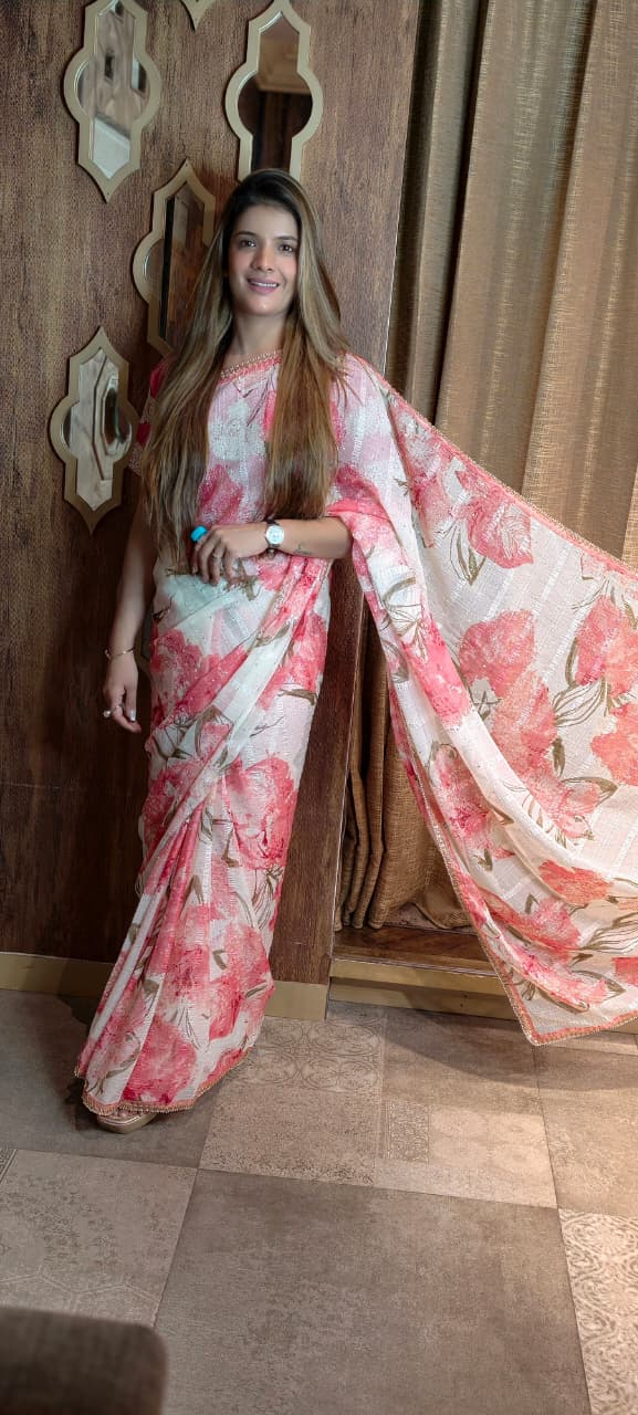 Charming Floral Print Organza Saree