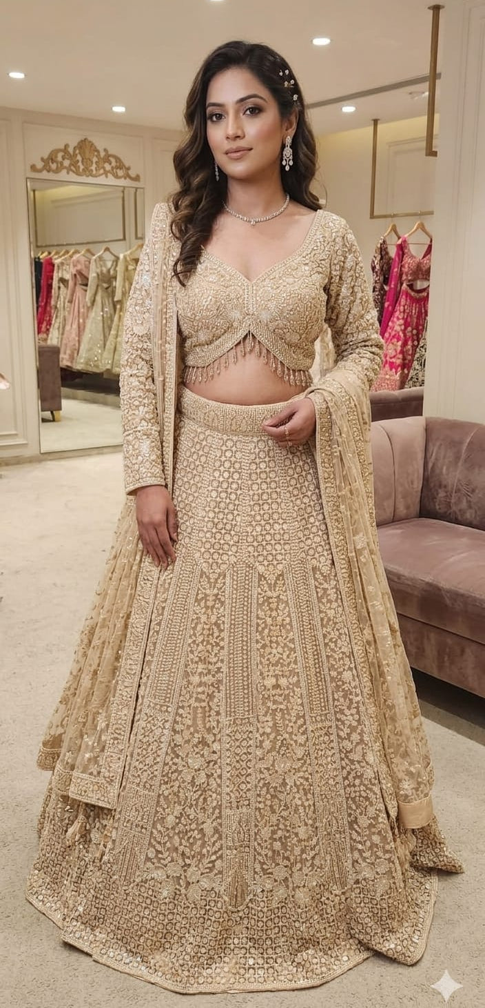 Champagne Gold Heavily Embroidered Lehenga Choli Set