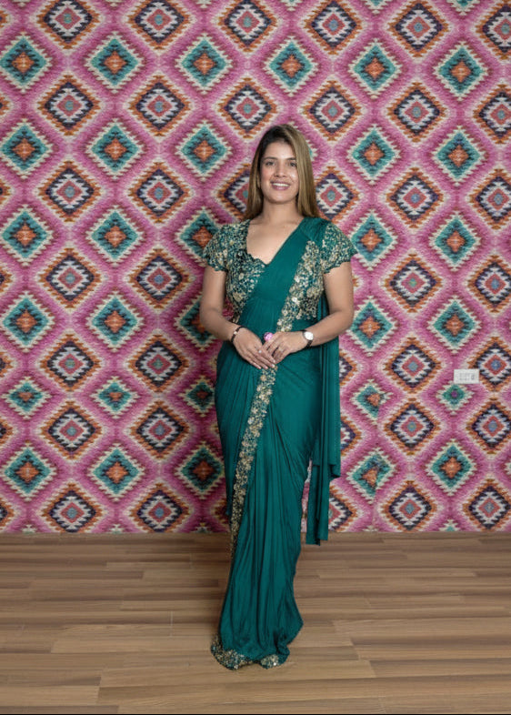 Regal Emerald Green Pleated Drape Saree