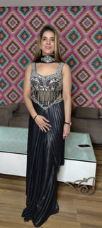 Metallic Black Corset Style Drape Saree