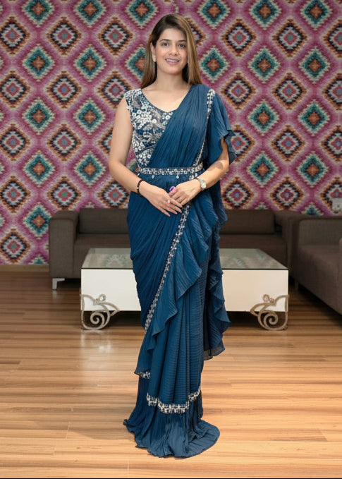 Enchanting Teal Blue Ruffled Drape Saree