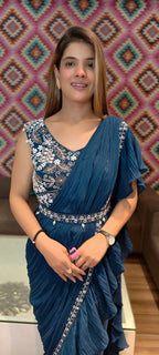 Enchanting Teal Blue Ruffled Drape Saree