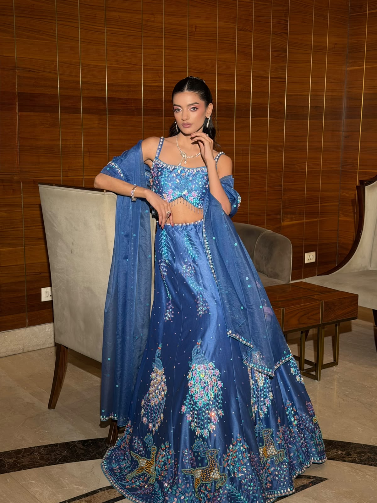 Ethereal Ocean Blue Hand-Embroidered Silk Lehenga