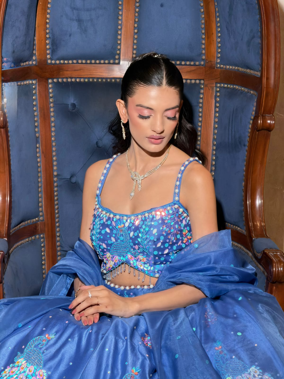 Ethereal Ocean Blue Hand-Embroidered Silk Lehenga