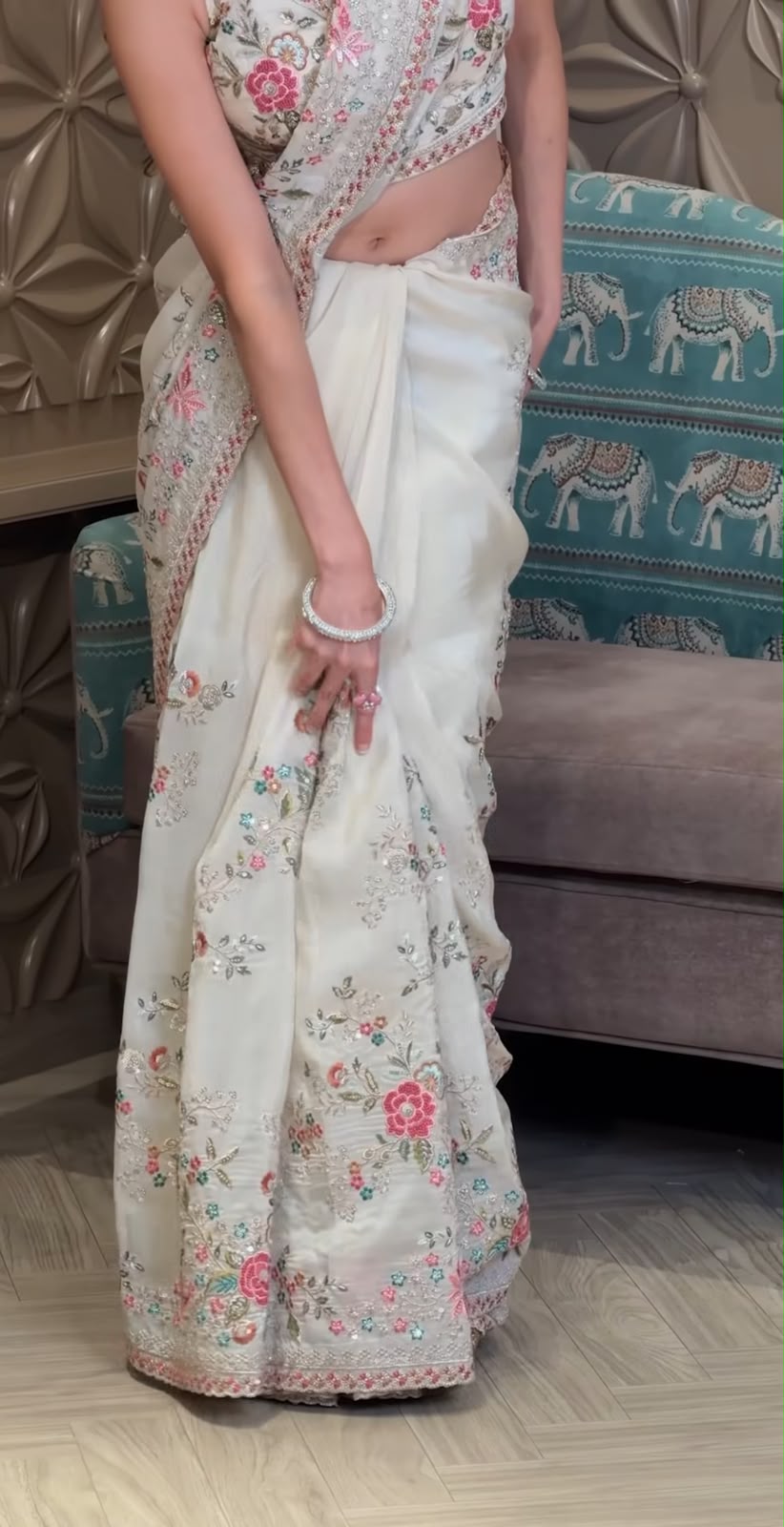 Pastel Floral Hand-Embroidery Organza Saree