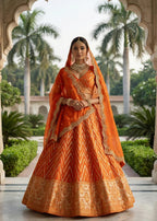 Ruby Red Chevron Silk Lehenga Set with Brocade Border (1036 GA-39)