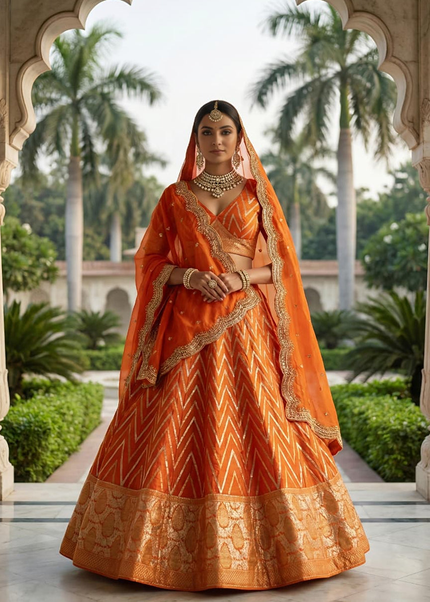 Ruby Red Chevron Silk Lehenga Set with Brocade Border (1036 GA-39)