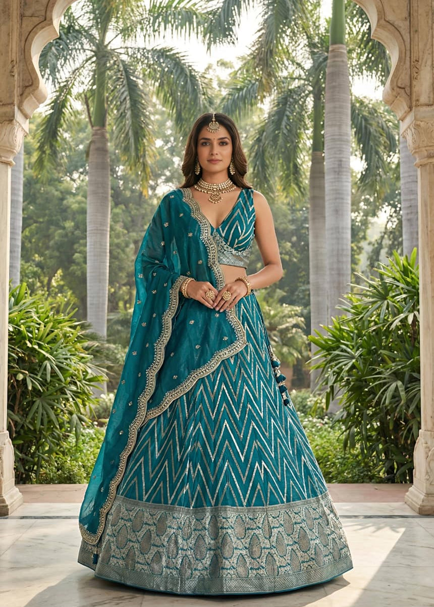 Ruby Red Chevron Silk Lehenga Set with Brocade Border (1036 GA-39)