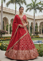 Ruby Red Chevron Silk Lehenga Set with Brocade Border (1036 GA-39)