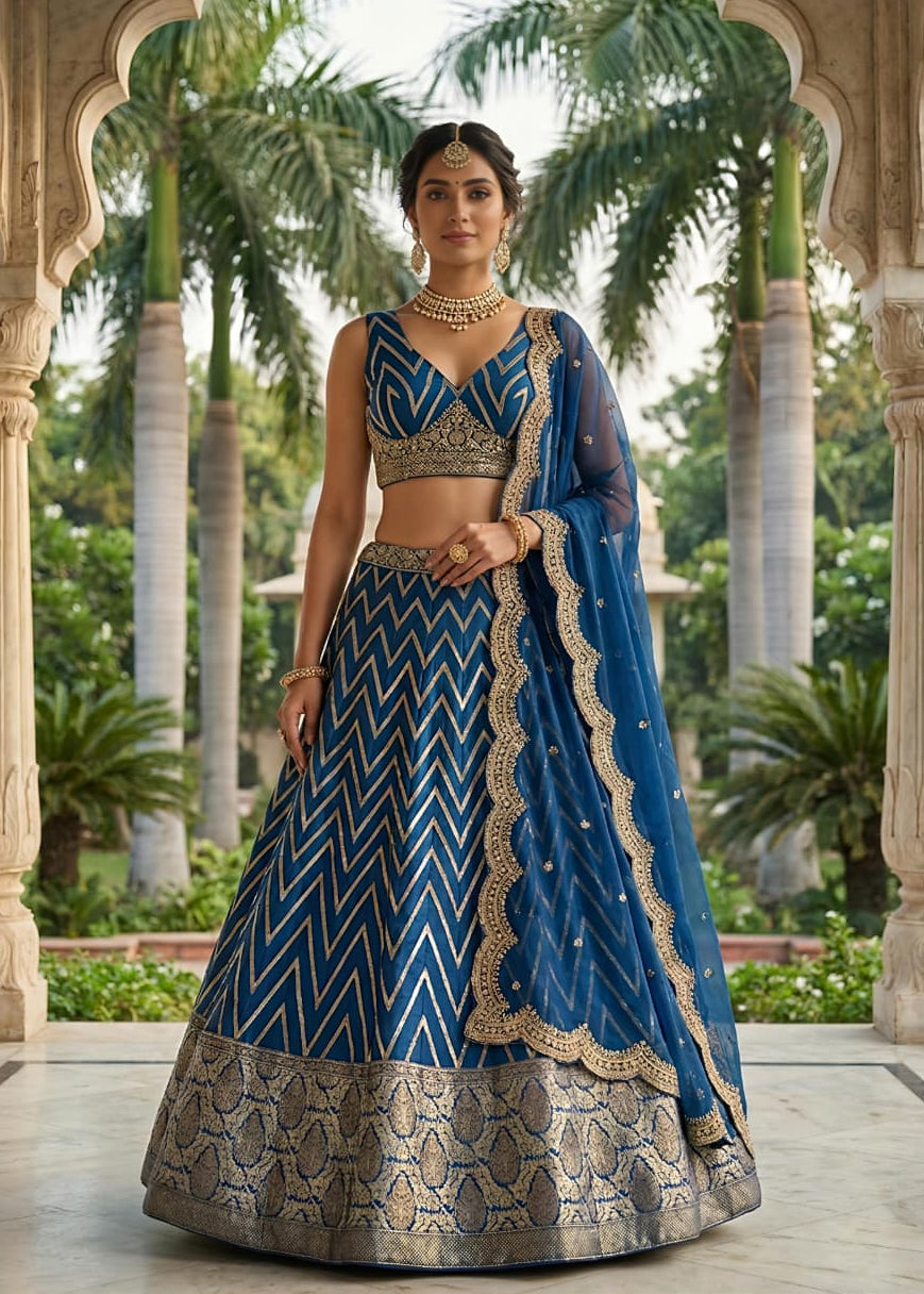 Ruby Red Chevron Silk Lehenga Set with Brocade Border (1036 GA-39)
