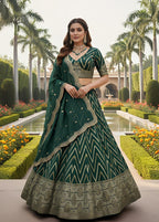 Ruby Red Chevron Silk Lehenga Set with Brocade Border (1036 GA-39)