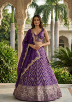 Ruby Red Chevron Silk Lehenga Set with Brocade Border (1036 GA-39)