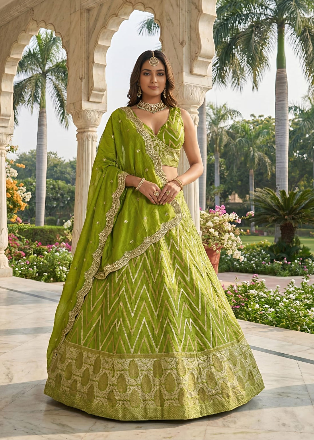 Ruby Red Chevron Silk Lehenga Set with Brocade Border (1036 GA-39)