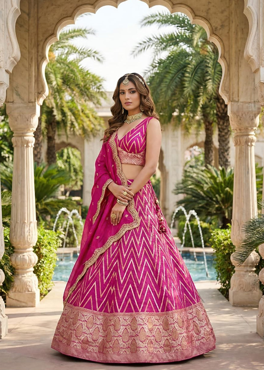 Ruby Red Chevron Silk Lehenga Set with Brocade Border (1036 GA-39) Secondary image
