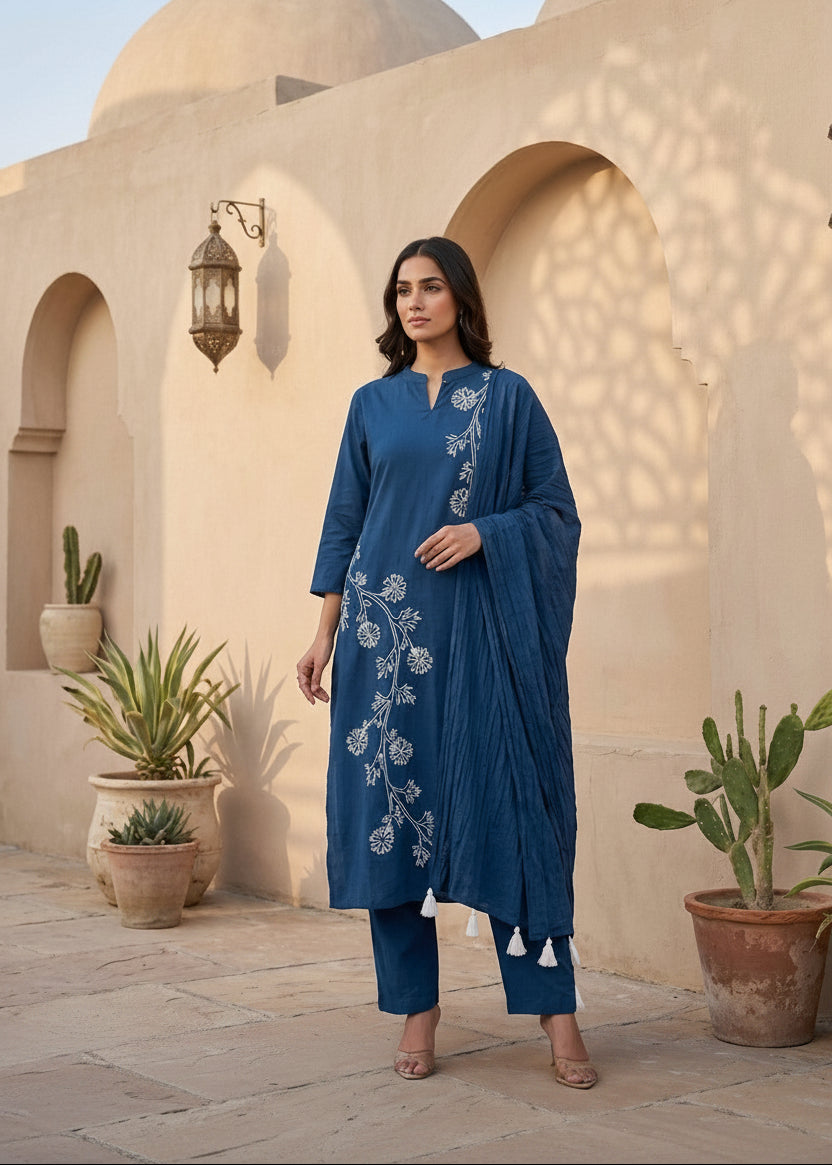 Prussian Blue Cotton Linen Kurta Set Main image