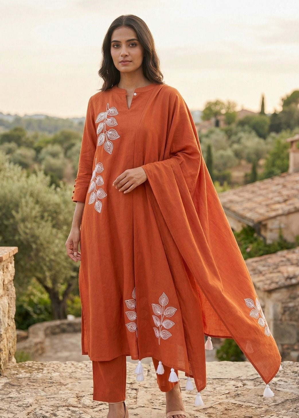 Rust Orange Cotton Linen Kurta Set