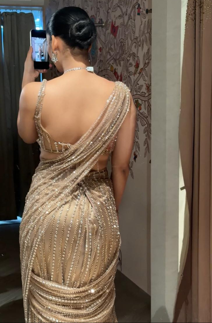 Champagne Gold Sequin Pre-Draped Saree
