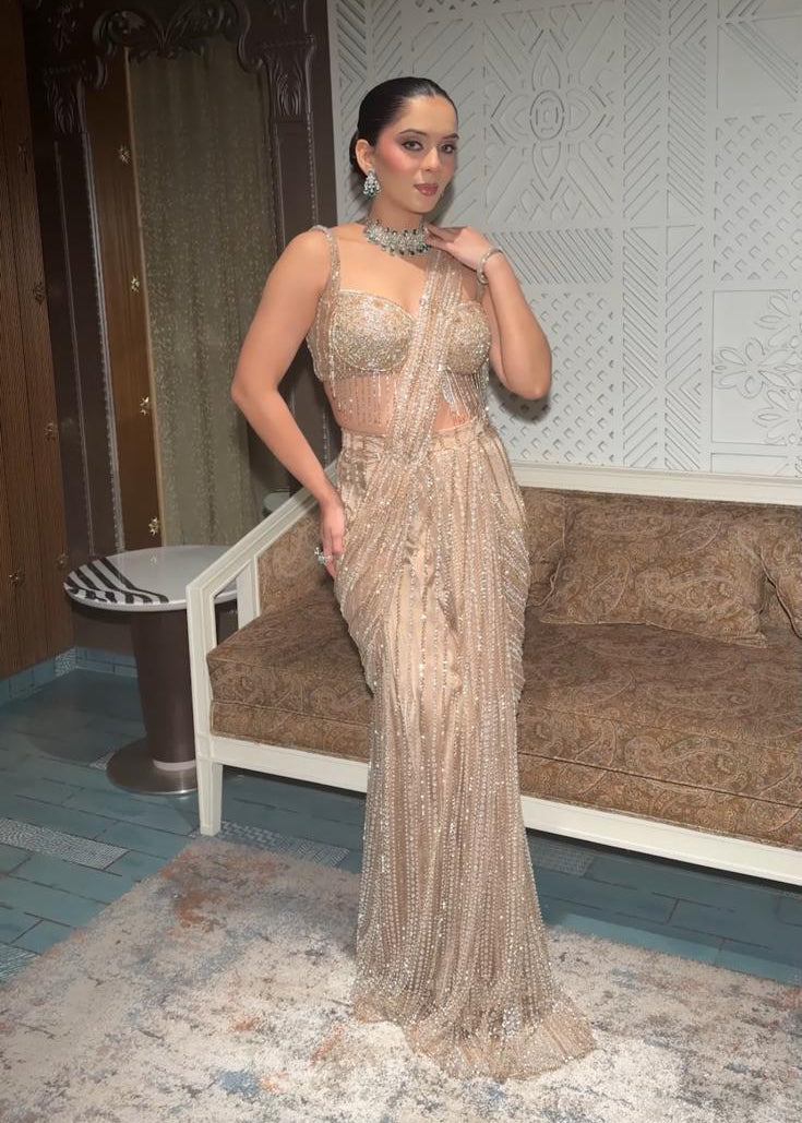 Champagne Gold Sequin Pre-Draped Saree