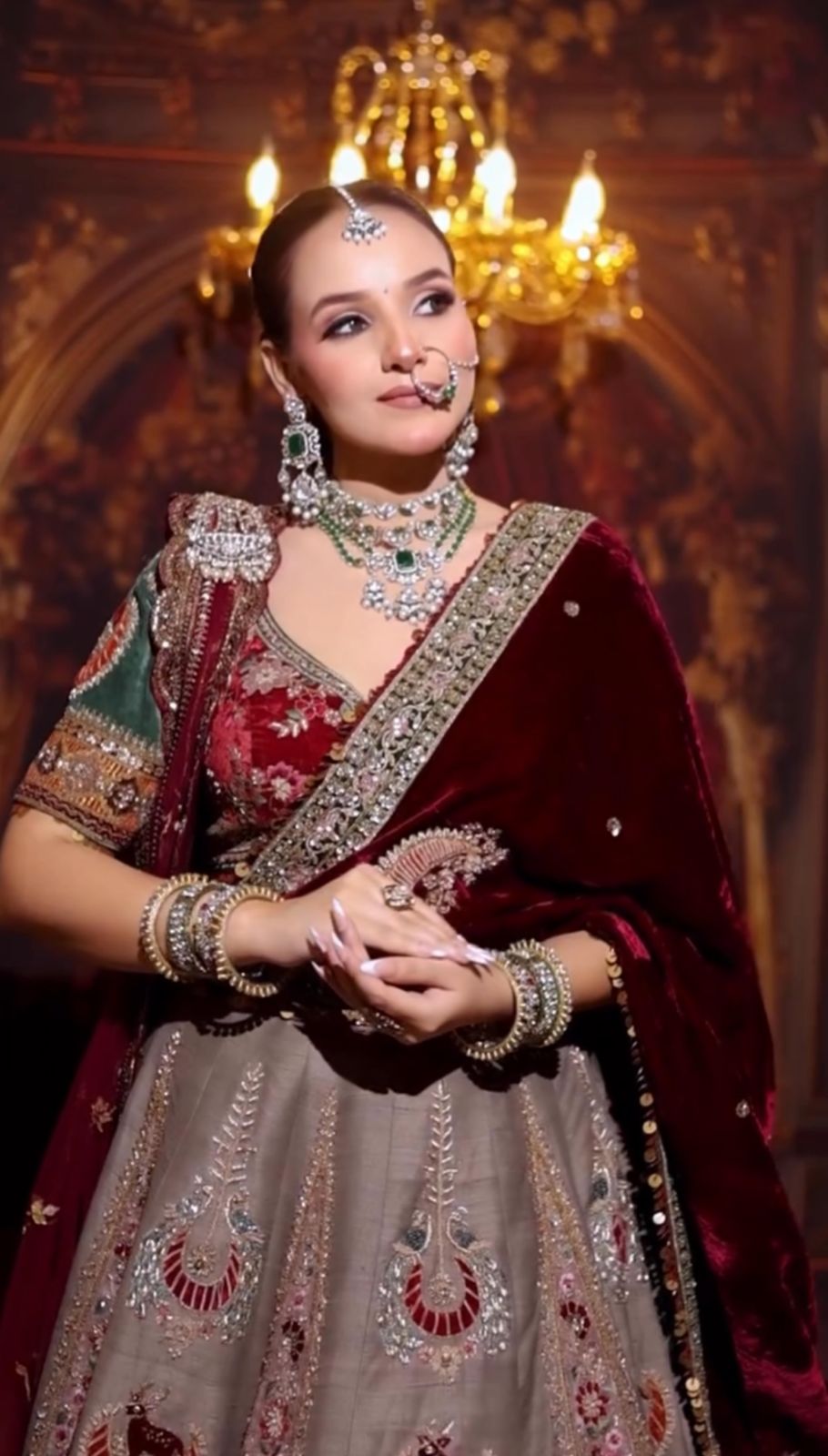 Regal Taupe and Maroon Bridal Lehenga Set Secondary image