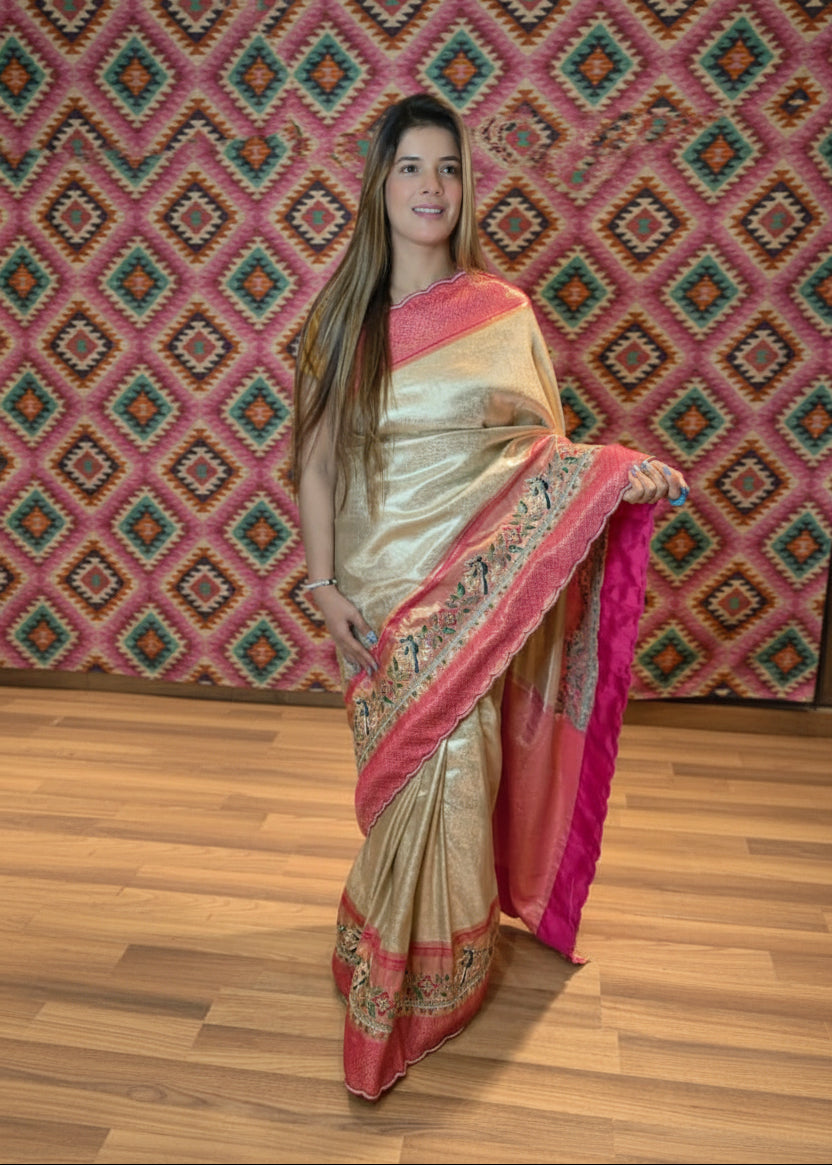 Embroidered Champagne Tissue Silk Saree Main image