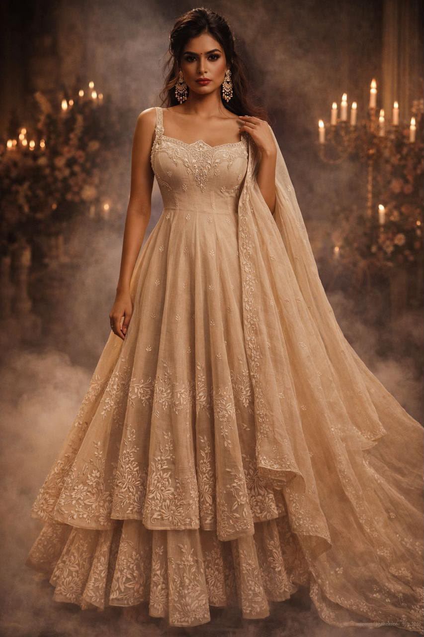 Ethereal Champagne Gold Tiered Anarkali Gown
