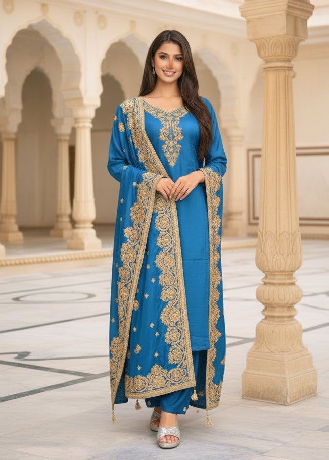 Royal Azure: Silk Straight Kurta Set Main image