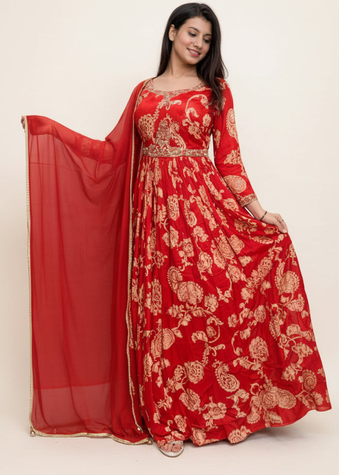 Rust Regal: Printed Anarkali Gown