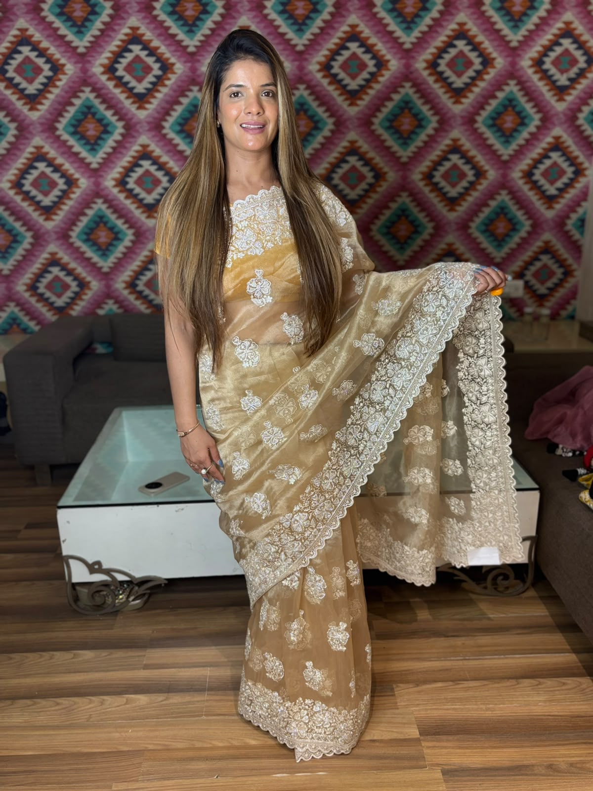 Golden Amber Serenity: Sheer Organza Saree Secondary image