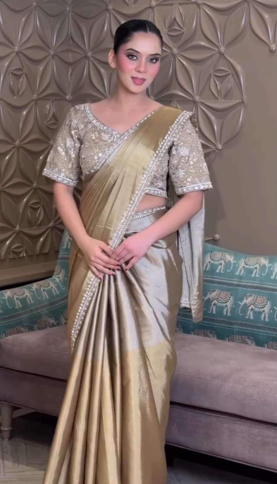 Gilded Glamour: Metallic Gold Tissue Silk Saree