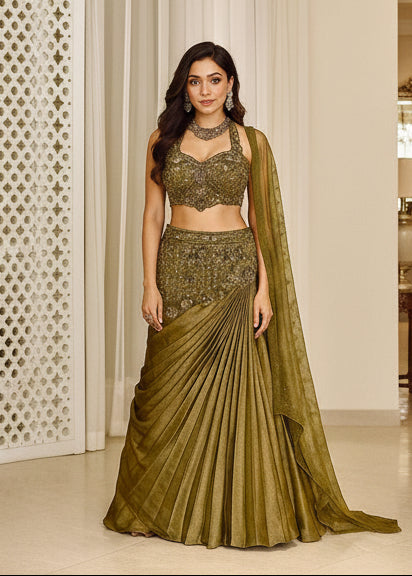 Olive Hand-Embroidered Lehenga Set