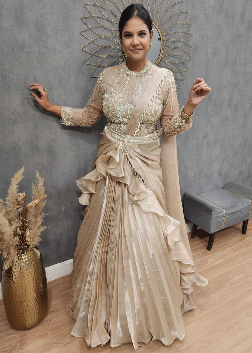 Ruffled Attached Drape Fusion Gown
