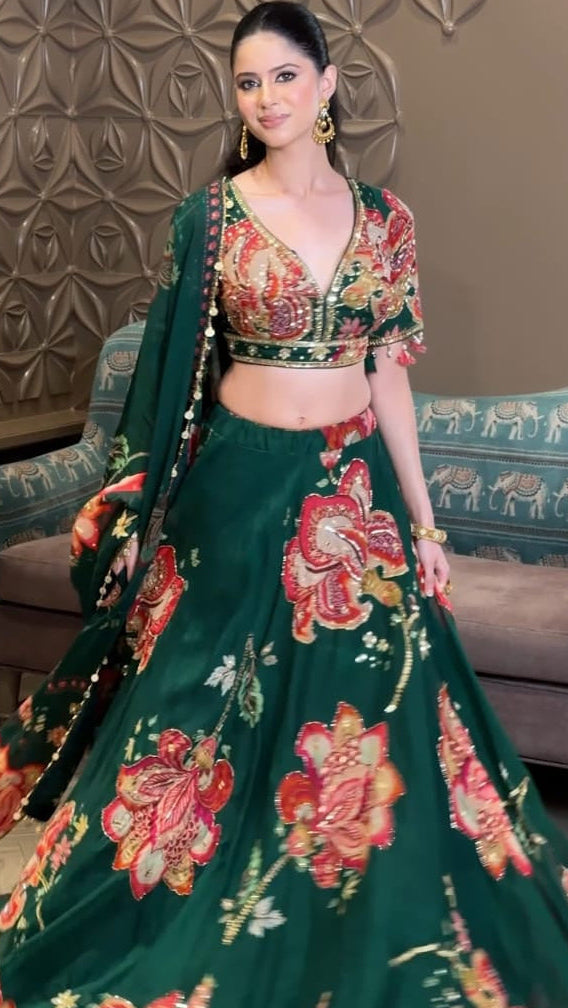 Emerald Green Organza Printed Lehenga Set Main image