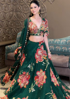 Emerald Green Organza Printed Lehenga Set