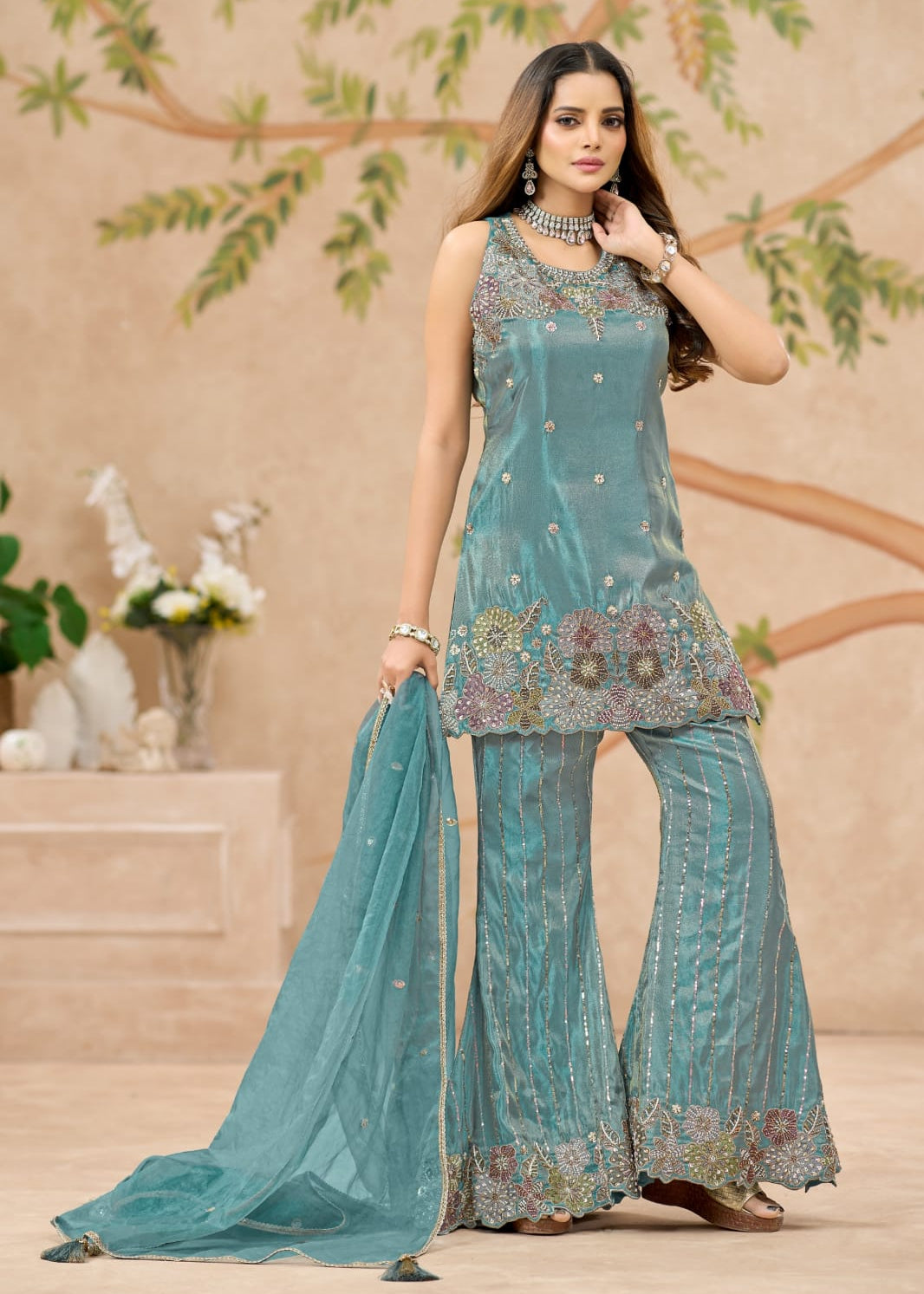 Sky Blue Silk-Tissue Sharara Set