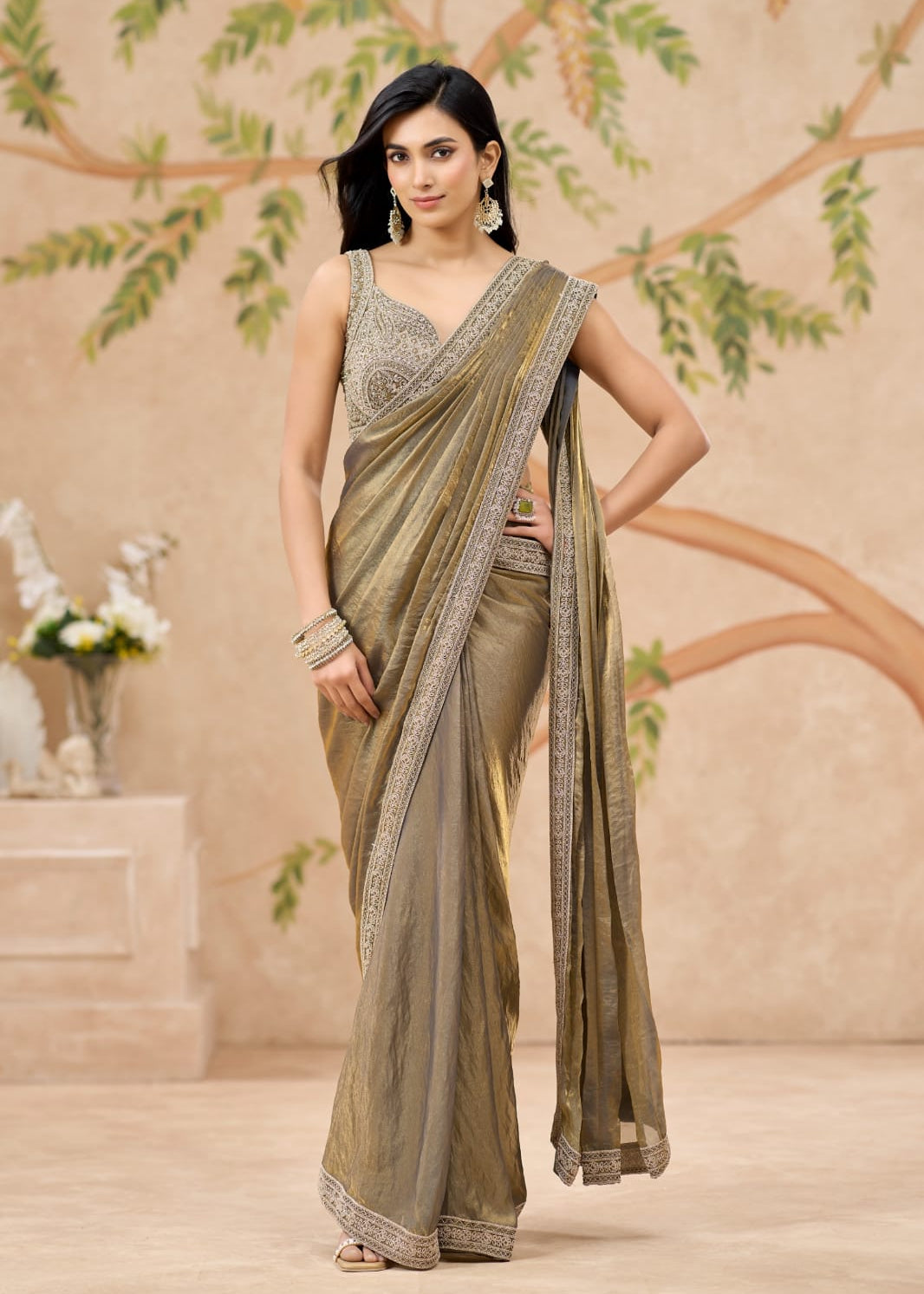 Metallic Muse: Olive Shimmer Drape Saree