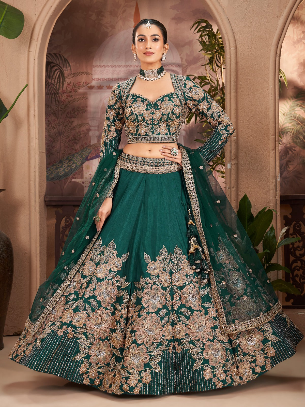 Emerald Elegance: Sequin Embroidered Silk Lehenga