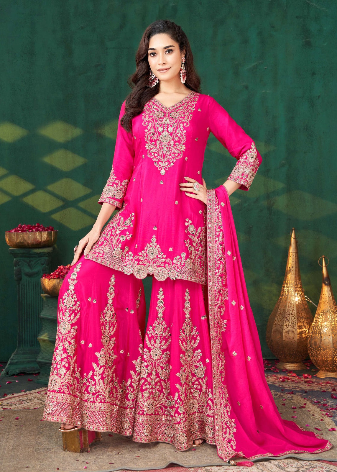 Rani Pink Silk Gharara Suit Set