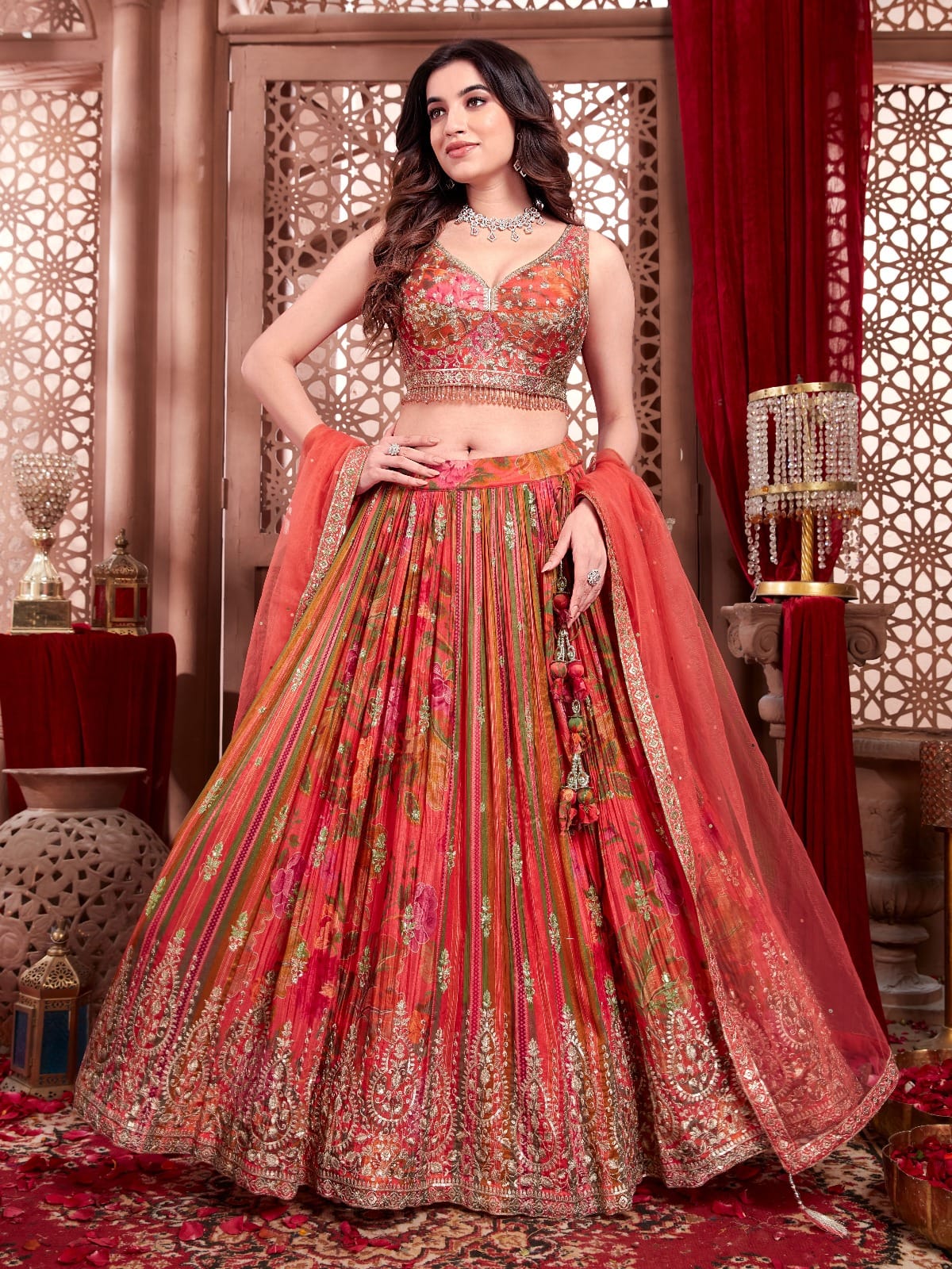 Crimson Floral Pleated Lehenga Set Main image