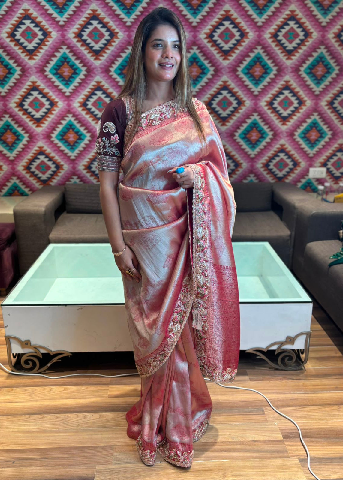 Hand-Embroidered Tissue Silk Saree