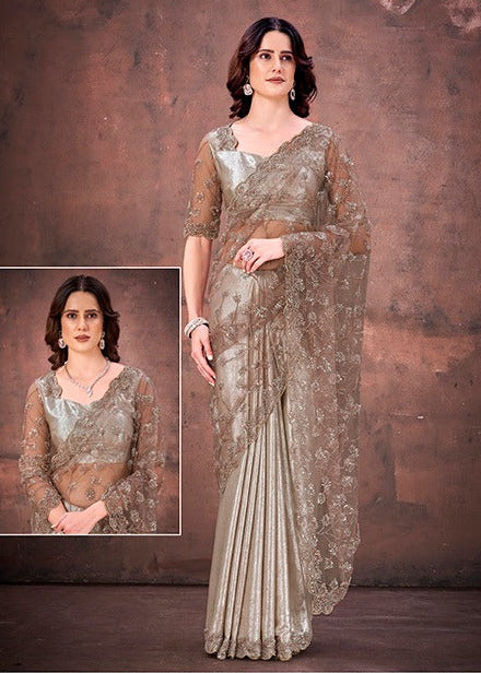 Sophisticated Floral Embroidery Net Saree Main image