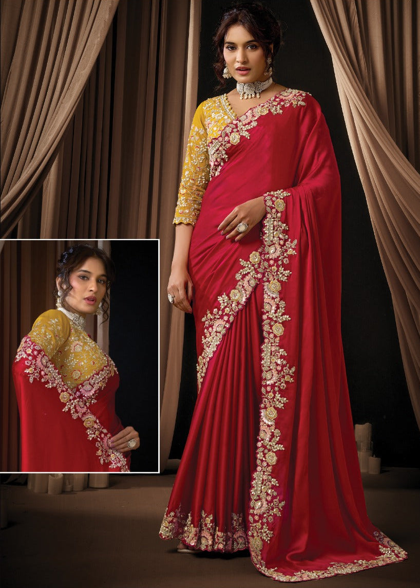 Regal Crimson Red Satin Silk Saree