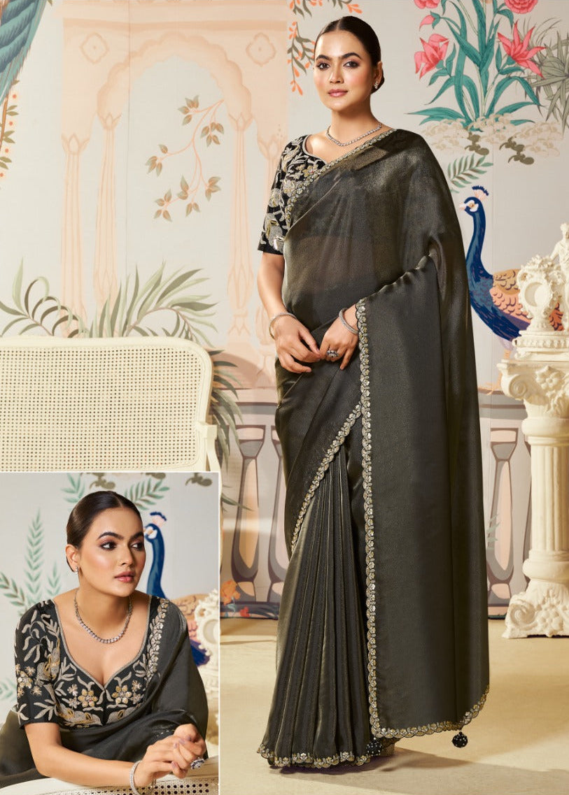Magnificent Charcoal Black Tissue Saree Main image