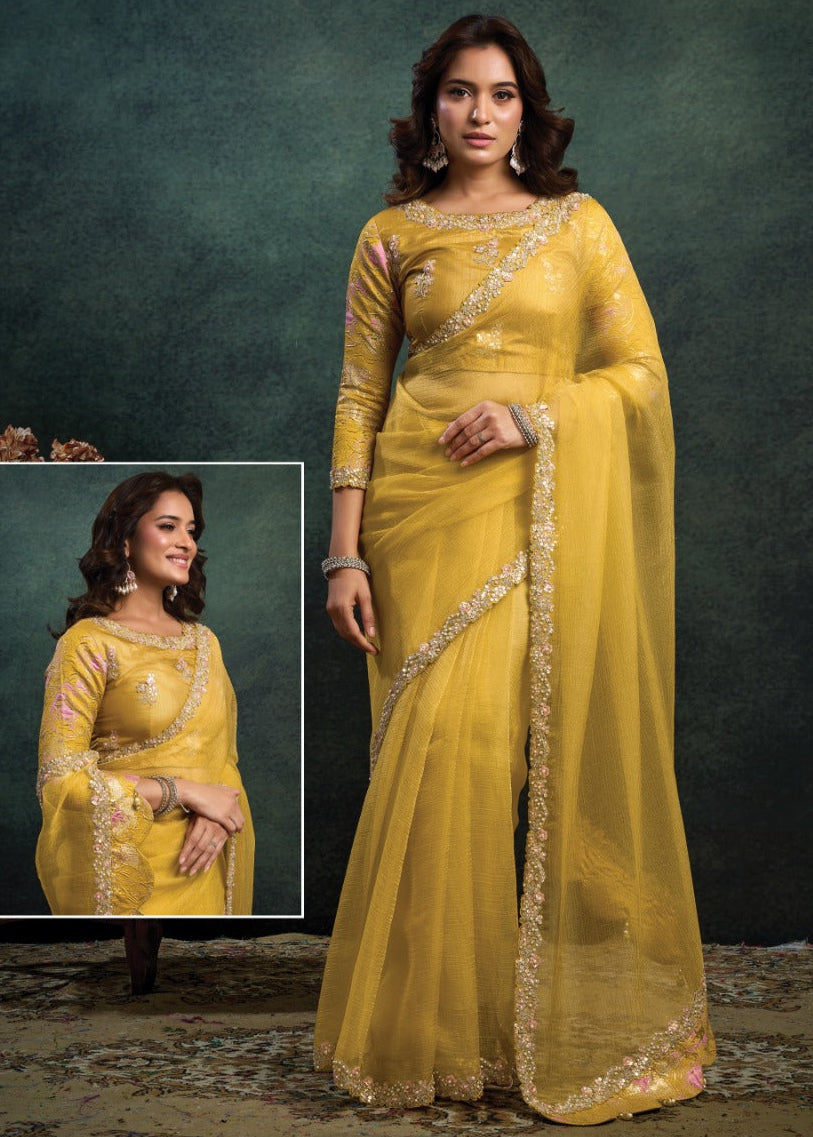 Radiant Mustard Yellow Tissue Saree Main image
