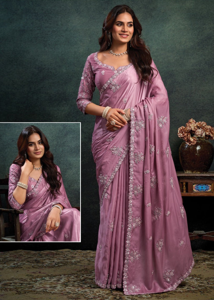 Floral Embroidered Satin Silk Saree